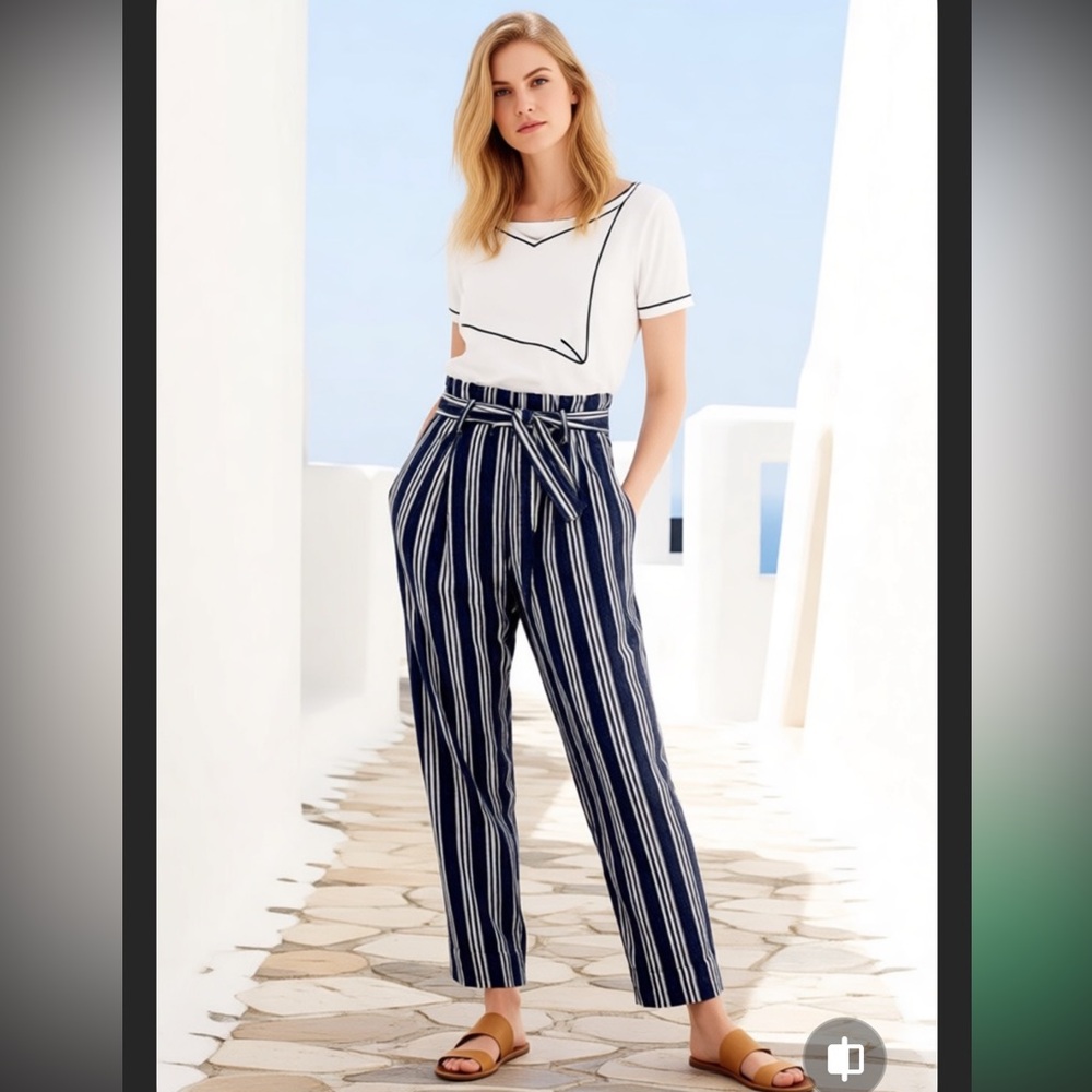 MADEWELL Blue & White Stripe Linen Paperbag Ankle Pants Coastal Vacation Sz: 0 - Picture 16 of 16